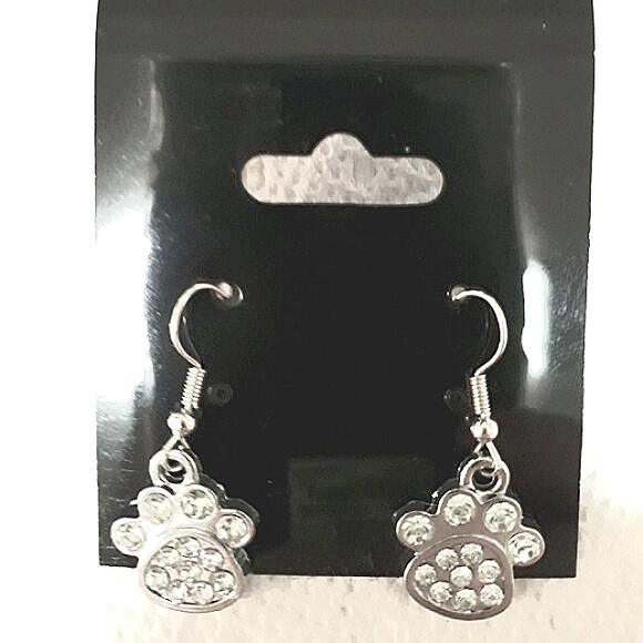 None Other - Crystal Paw Print Dangle Earrings Cat Dog Rhinestones Silver Pierced NEW